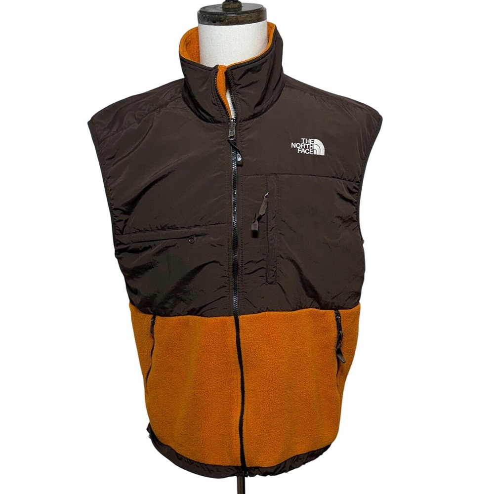 The North Face Vest Mens Large Denali Orange Brown Polartec Fleece Full Zip